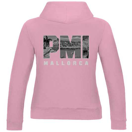 Kapuzenpulli für Damen in Baby Pink + PMI Airport Code für Mallorca. 2seitiges Design. Fernweh zum Anziehen von travelPrint4U