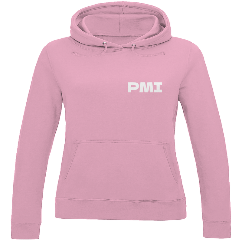 Kapuzenpulli für Damen in Baby Pink + PMI Airport Code für Mallorca. 2seitiges Design. Fernweh zum Anziehen von travelPrint4U