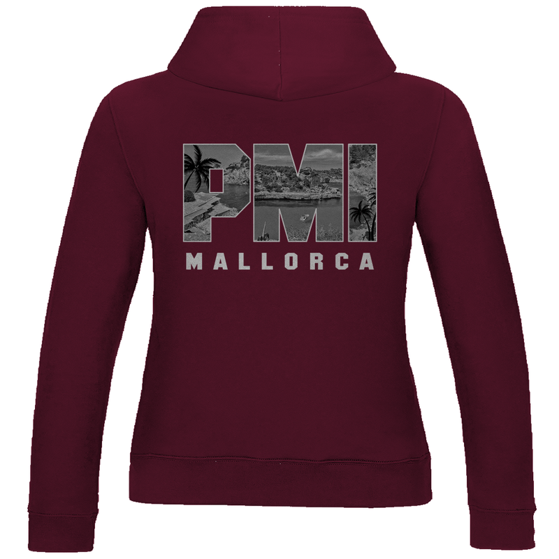 Kapuzenpulli für Damen in Burgund + PMI Airport Code für Mallorca. 2seitiges Design. Fernweh zum Anziehen von travelPrint4U
