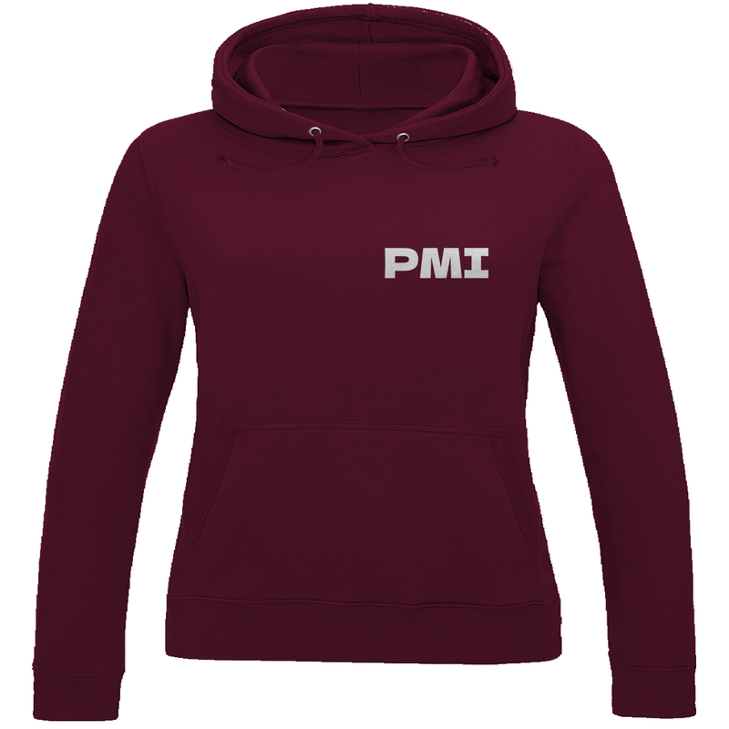 Kapuzenpulli für Damen in Burgund + PMI Airport Code für Mallorca. 2seitiges Design. Fernweh zum Anziehen von travelPrint4U