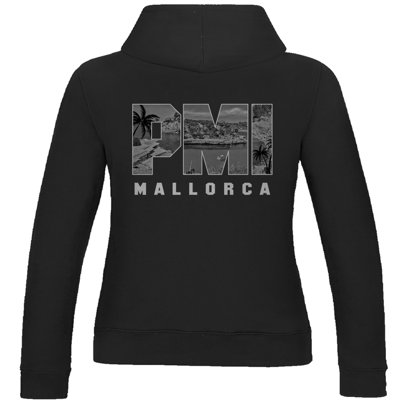 Kapuzenpulli für Damen in Jet Black + PMI Airport Code für Mallorca. 2seitiges Design. Fernweh zum Anziehen von travelPrint4U