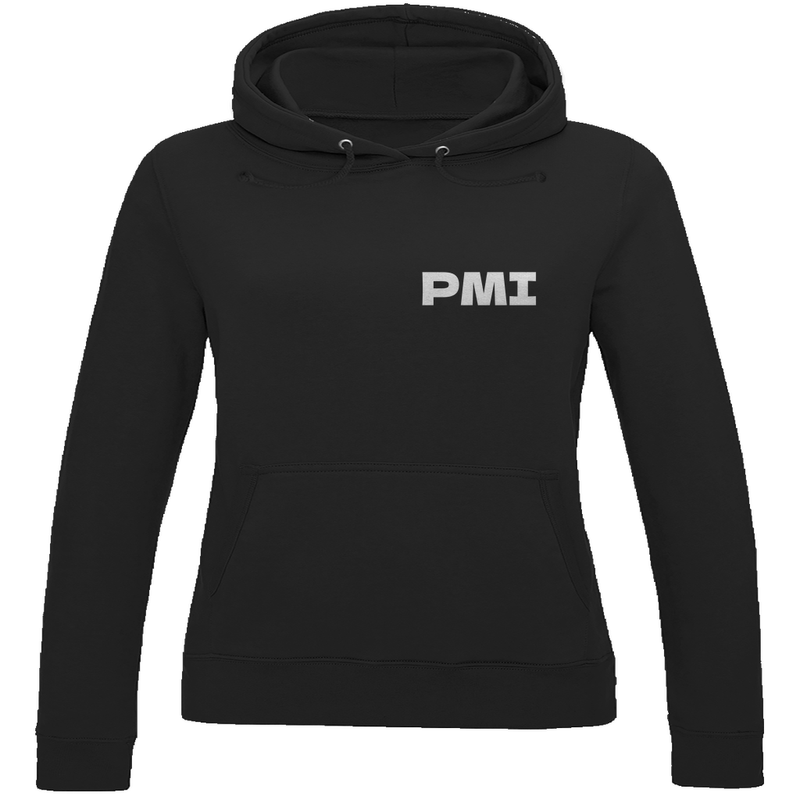 Kapuzenpulli für Damen in Jet Black + PMI Airport Code für Mallorca. 2seitiges Design. Fernweh zum Anziehen von travelPrint4U