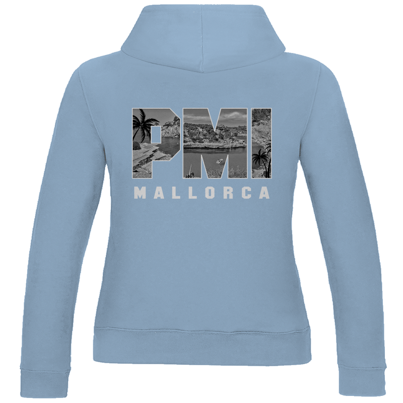 Kapuzenpulli für Damen in Sky Blue + PMI Airport Code für Mallorca. 2seitiges Design. Fernweh zum Anziehen von travelPrint4U