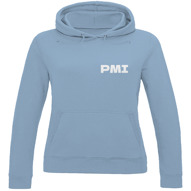 Kapuzenpulli für Damen in Sky Blue + PMI Airport Code für Mallorca. 2seitiges Design. Fernweh zum Anziehen von travelPrint4U