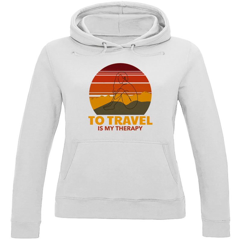 Kapuzenpulli für Damen in Arctic White mit TO TRAVEL IS MY THERAPY Print. Fernweh zum Anziehen mit travelPrint4U.de