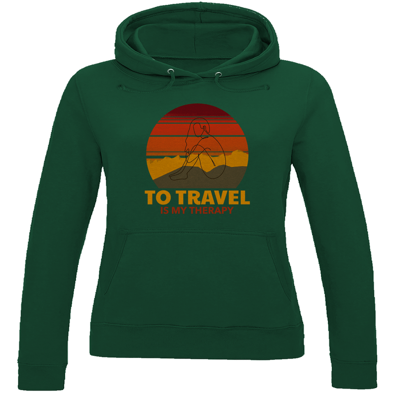 Kapuzenpulli für Damen in Bottle Green mit TO TRAVEL IS MY THERAPY Print. Fernweh zum Anziehen mit travelPrint4U.de