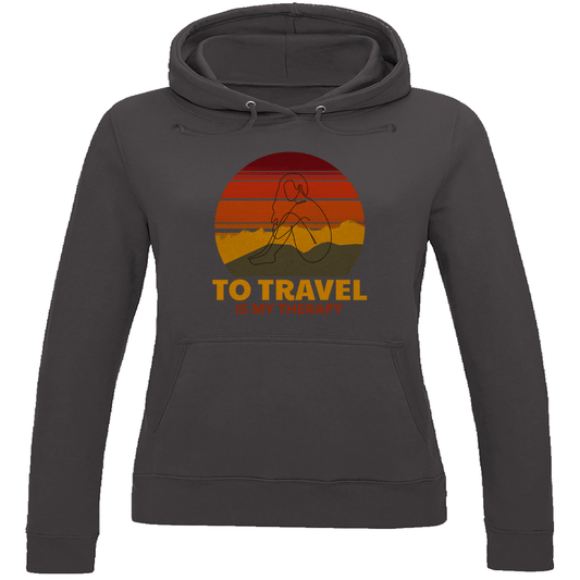 Kapuzenpulli für Damen in Charcoal Heather mit TO TRAVEL IS MY THERAPY Print. Fernweh zum Anziehen mit travelPrint4U.de