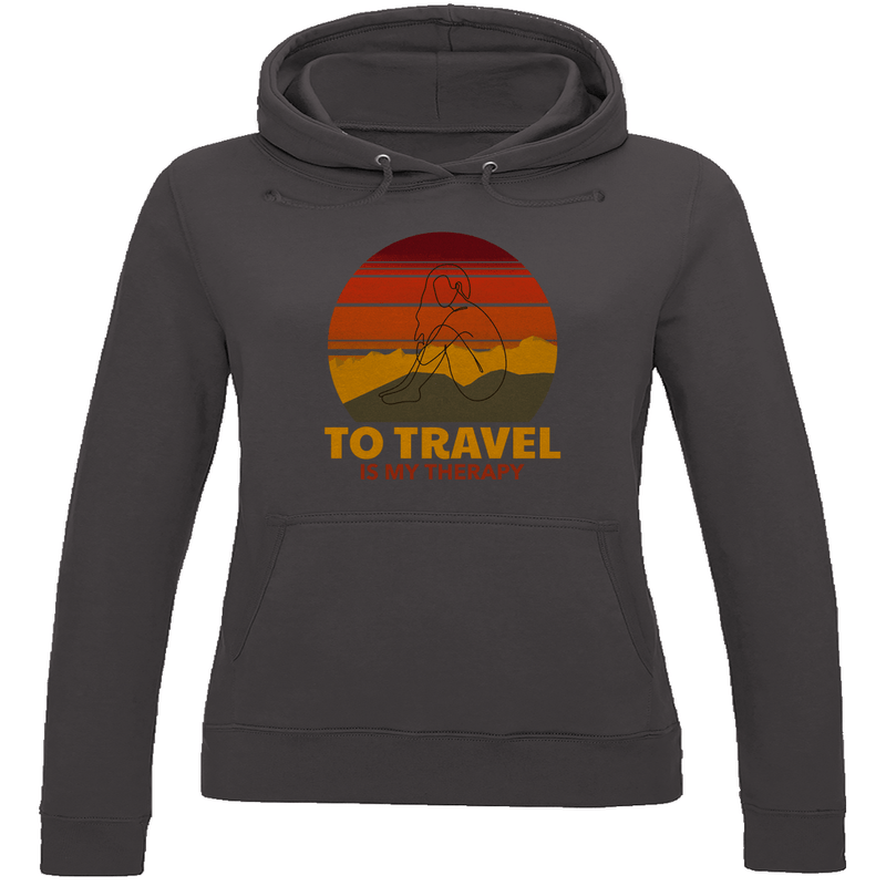 Kapuzenpulli für Damen in Charcoal Heather mit TO TRAVEL IS MY THERAPY Print. Fernweh zum Anziehen mit travelPrint4U.de