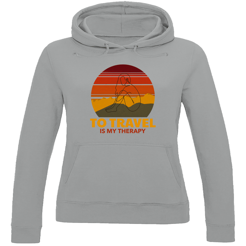 Kapuzenpulli für Damen in Heather Grey mit TO TRAVEL IS MY THERAPY Print. Fernweh zum Anziehen mit travelPrint4U.de