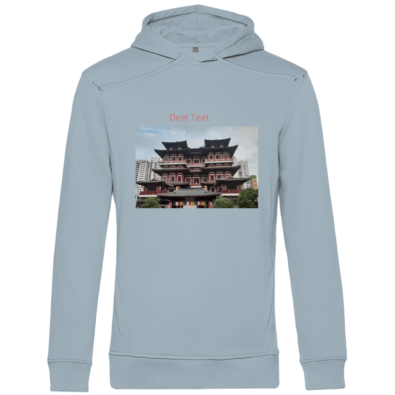 Kapuzenpulli für Herren, personalisierbar mit Foto und Text. Stoff-Farbe: Blue Fog. Fernweh zum Anziehen? travelPrint4U.de