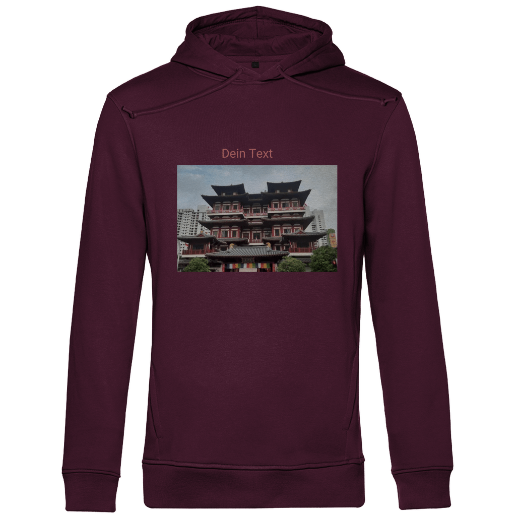 Kapuzenpulli für Herren, personalisierbar mit Foto und Text. Stoff-Farbe: Burgund. Fernweh zum Anziehen? travelPrint4U.de