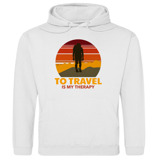 Kapuzenpulli für Herren in Arctic White mit TO TRAVEL IS MY THERAPY Print. Fernweh zum Anziehen mit travelPrint4U.de