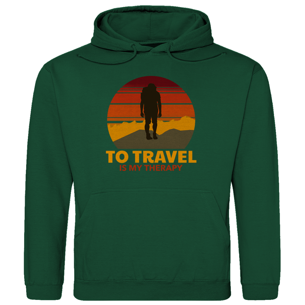 Kapuzenpulli für Herren in Bottle Green mit TO TRAVEL IS MY THERAPY Print. Fernweh zum Anziehen mit travelPrint4U.de