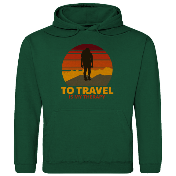Kapuzenpulli für Herren in Bottle Green mit TO TRAVEL IS MY THERAPY Print. Fernweh zum Anziehen mit travelPrint4U.de