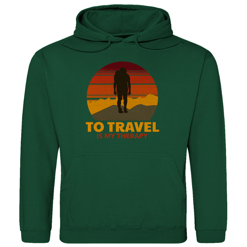 Kapuzenpulli für Herren in Bottle Green mit TO TRAVEL IS MY THERAPY Print. Fernweh zum Anziehen mit travelPrint4U.de