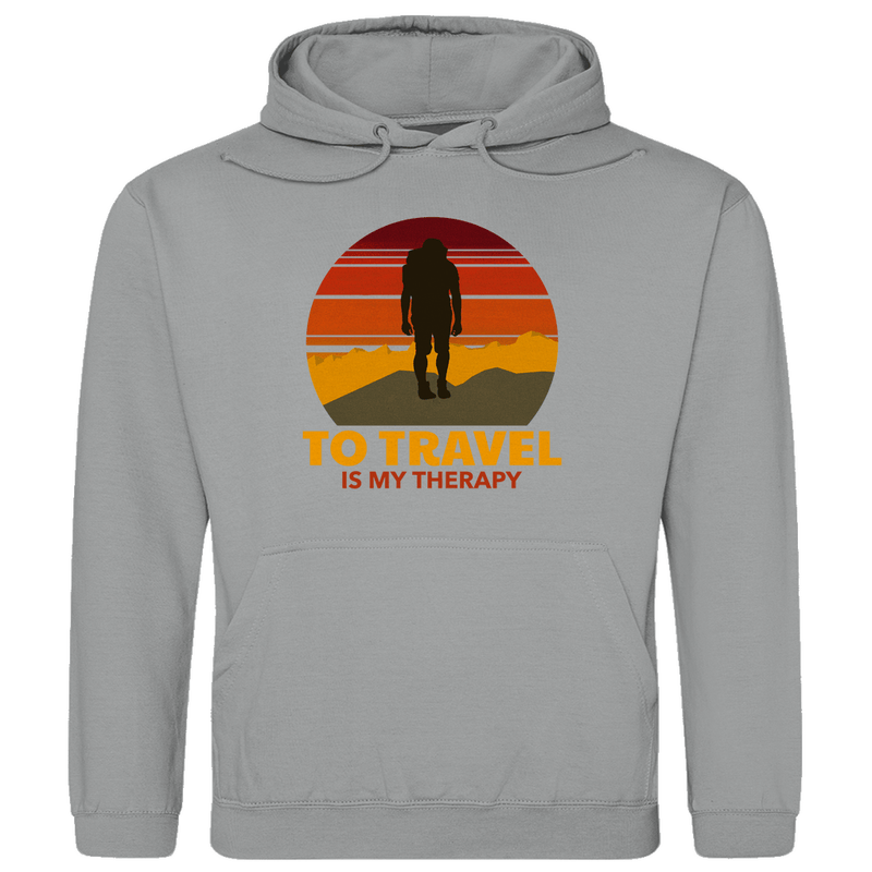 Kapuzenpulli für Herren in Heather Grey mit TO TRAVEL IS MY THERAPY Print. Fernweh zum Anziehen mit travelPrint4U.de