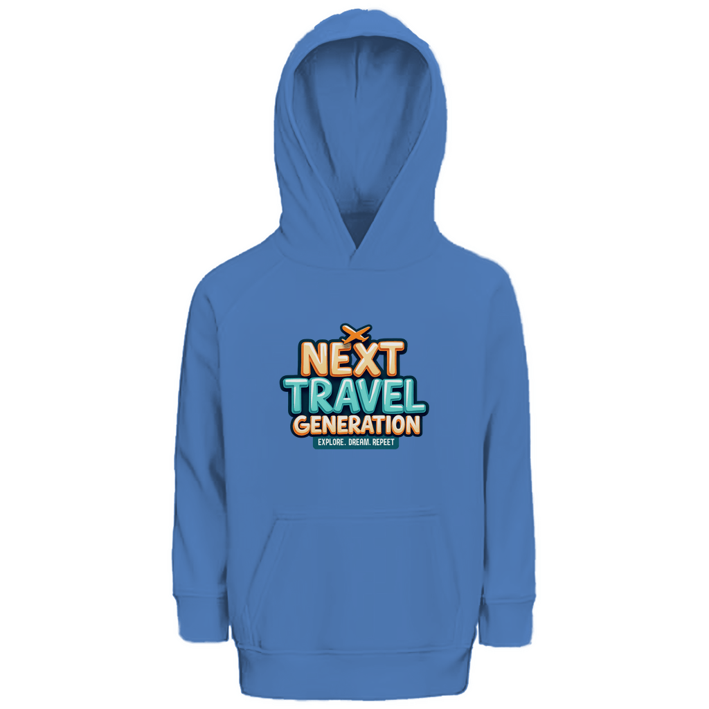 Kapuzenpulli fürs Kind mit NEXT TRAVEL GENERATION Print. Stoff-Farbe: Blue. Fernweh zum Anziehen? travelPrint4U.de