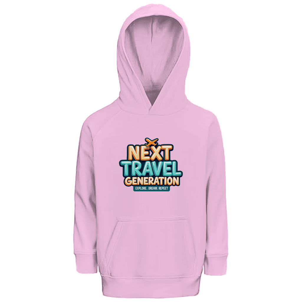 Kapuzenpulli fürs Kind mit NEXT TRAVEL GENERATION Print. Stoff-Farbe: Pale Pink. Fernweh zum Anziehen? travelPrint4U.de