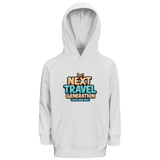 Kapuzenpulli fürs Kind mit NEXT TRAVEL GENERATION Print. Stoff-Farbe: White. Fernweh zum Anziehen? travelPrint4U.de