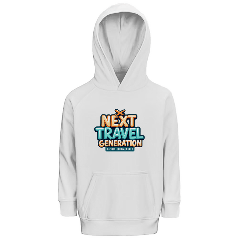 Kapuzenpulli fürs Kind mit NEXT TRAVEL GENERATION Print. Stoff-Farbe: White. Fernweh zum Anziehen? travelPrint4U.de