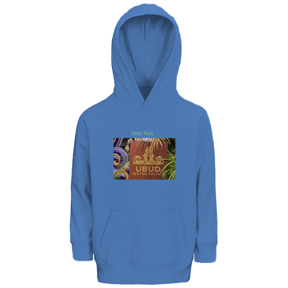 Kapuzenpulli fürs Kind, personalisierbar mit Foto + Text. Stoff-Farbe: Blue. Fernweh zum Anfassen? travelPrint4U.de