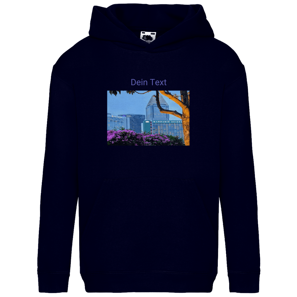 Kapuzenpulli fürs Kind, personalisierbar mit Foto + Text. Stoff-Farbe: Deep Navy. Fernweh zum Anfassen? travelPrint4U.de