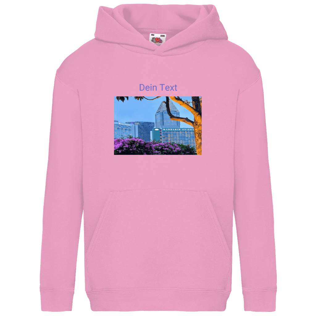Kapuzenpulli fürs Kind, personalisierbar mit Foto + Text. Stoff-Farbe: Light Pink. Fernweh zum Anfassen? travelPrint4U.de