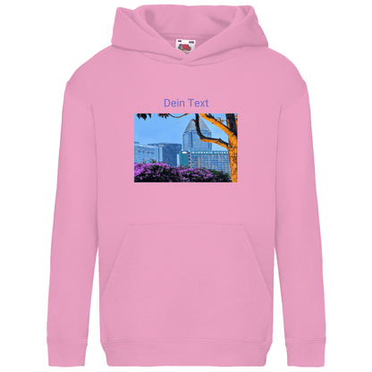 Kapuzenpulli fürs Kind, personalisierbar mit Foto + Text. Stoff-Farbe: Light Pink. Fernweh zum Anfassen? travelPrint4U.de