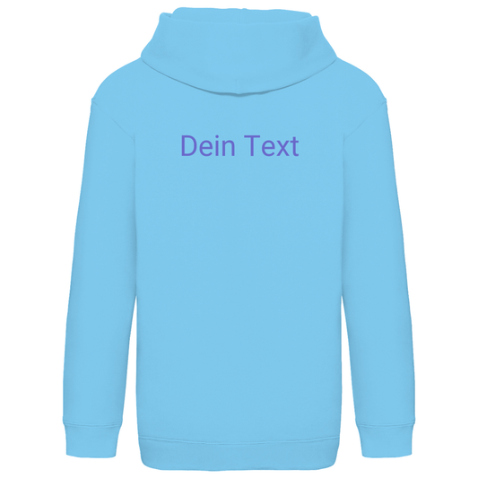 Kapuzenpulli fürs Kind, personalisierbar mit Foto + Text. Stoff-Farbe: Sky Blue. Fernweh zum Anfassen? travelPrint4U.de