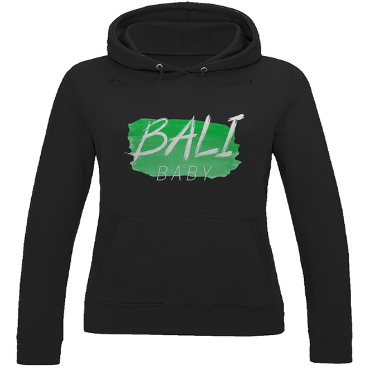 Kapuzenpulli für Damen in der Farbe Black mit BALI BABY Print in White. Fernweh zum Anziehen mit travelPrint4U.de