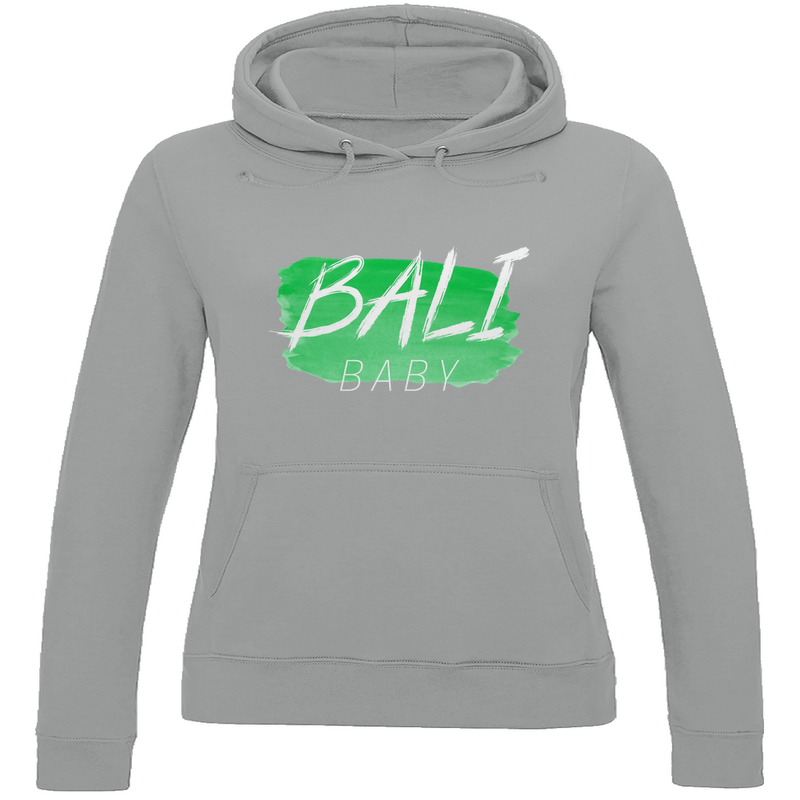 Kapuzenpulli für Damen in der Farbe Heather Grey mit BALI BABY Print. Fernweh zum Anziehen mit travelPrint4U.de