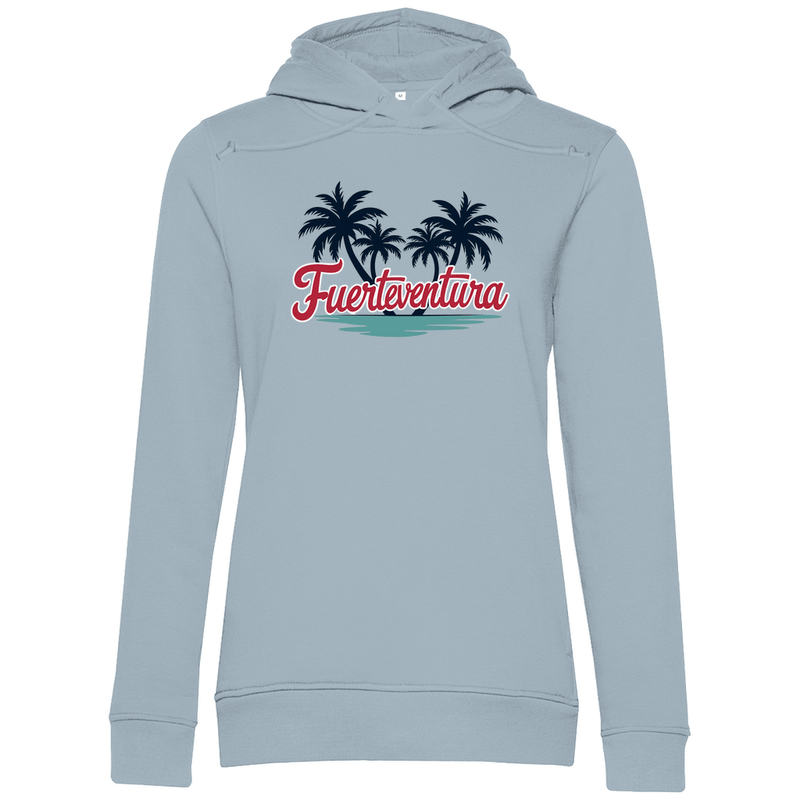 Kapuzenpulli für Damen in der Farbe Blue Fog mit FUERTEVENTURA Schriftzug. Fernweh zum Anziehen mit travelPrint4U.de