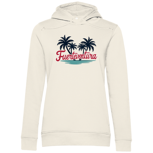 Kapuzenpulli für Damen in der Farbe Off White mit FUERTEVENTURA Schriftzug. Fernweh zum Anziehen mit travelPrint4U.de