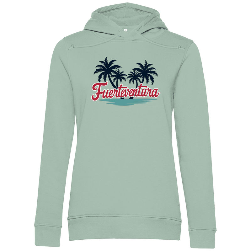Kapuzenpulli für Damen in der Farbe Sage mit FUERTEVENTURA Schriftzug. Fernweh zum Anziehen mit travelPrint4U.de