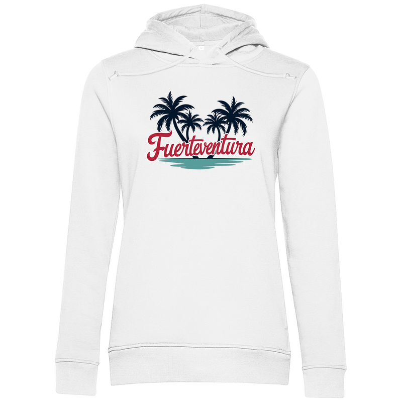 Kapuzenpulli für Damen in der Farbe White mit FUERTEVENTURA Schriftzug. Fernweh zum Anziehen mit travelPrint4U.de