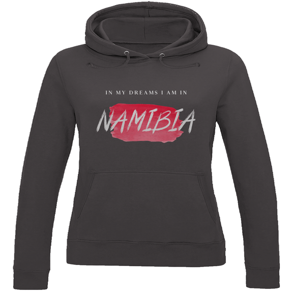 Kapuzenpulli für Damen in der Farbe Charcoal Heather, Print: IN MY DREAMS I AM IN NAMIBIA. Fernweh zum Anziehen? travelPrint4U