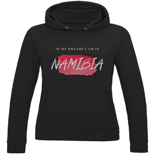 Kapuzenpulli für Damen in der Farbe Jet Black mit Print: IN MY DREAMS I AM IN NAMIBIA. Fernweh zum Anziehen? travelPrint4U