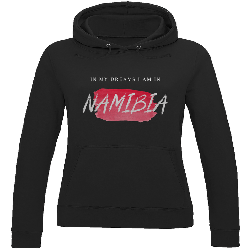 Kapuzenpulli für Damen in der Farbe Jet Black mit Print: IN MY DREAMS I AM IN NAMIBIA. Fernweh zum Anziehen? travelPrint4U