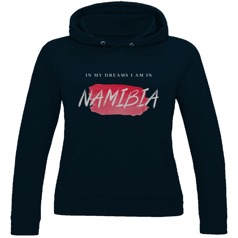 Kapuzenpulli für Damen in der Farbe New French Navy, Print: IN MY DREAMS I AM IN NAMIBIA. Fernweh zum Anziehen? travelPrint4U