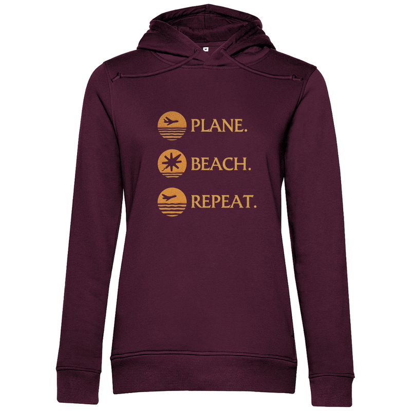 Kapuzenpulli für Damen in der Farbe Burgundy mit PLANE BEACH REPEAT Print (Orange). Fernweh zum Anziehen? travelPrint4U.de