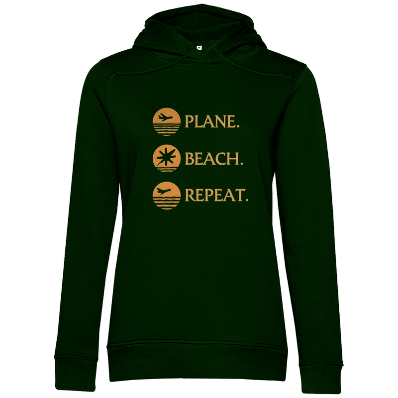 Kapuzenpulli für Damen in der Farbe Forest Green mit PLANE BEACH REPEAT Print (Orange). Fernweh zum Anziehen? travelPrint4U