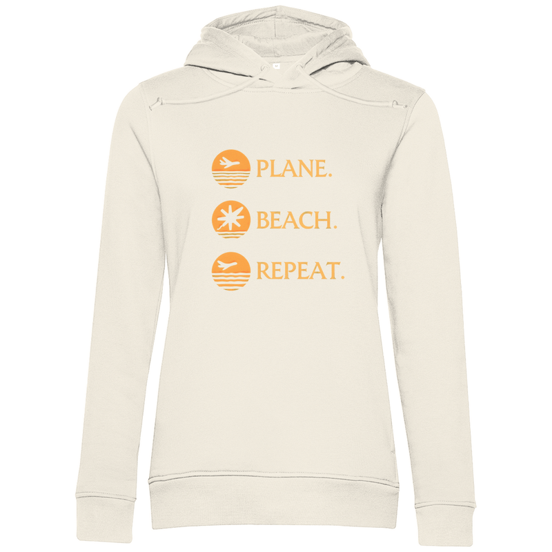 Kapuzenpulli für Damen in der Farbe Off White mit PLANE BEACH REPEAT Print (Orange). Fernweh zum Anziehen? travelPrint4U