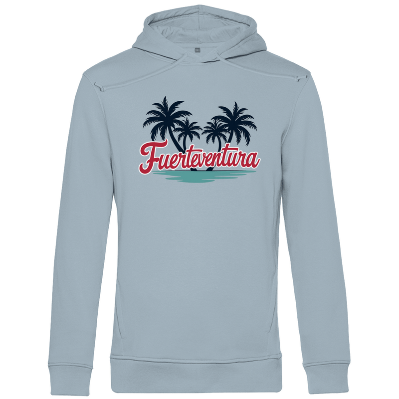Kapuzenpulli für Herren in der Farbe Blue Fog mit FUERTEVENTURA Schriftzug. Fernweh zum Anziehen mit travelPrint4U.de