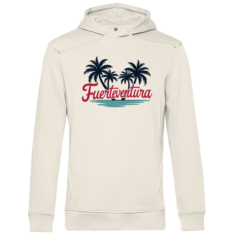 Kapuzenpulli für Herren in der Farbe Off White mit FUERTEVENTURA Schriftzug. Fernweh zum Anziehen mit travelPrint4U.de