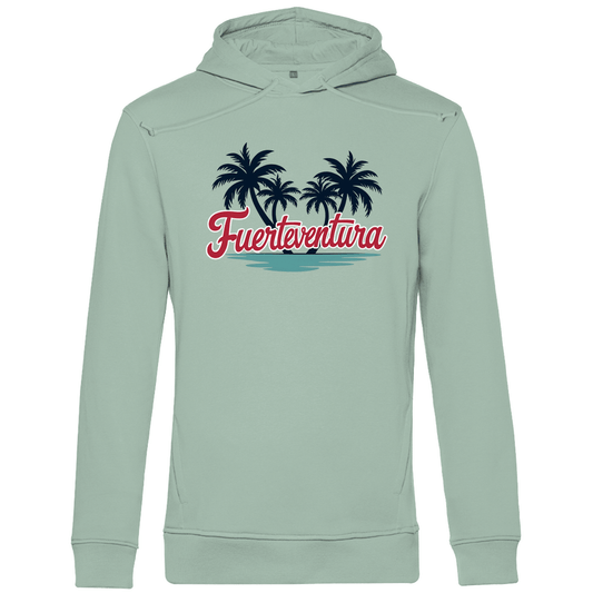 Kapuzenpulli für Herren in der Farbe Sage mit FUERTEVENTURA Schriftzug. Fernweh zum Anziehen mit travelPrint4U.de