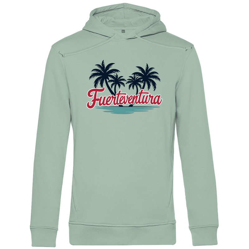 Kapuzenpulli für Herren in der Farbe Sage mit FUERTEVENTURA Schriftzug. Fernweh zum Anziehen mit travelPrint4U.de