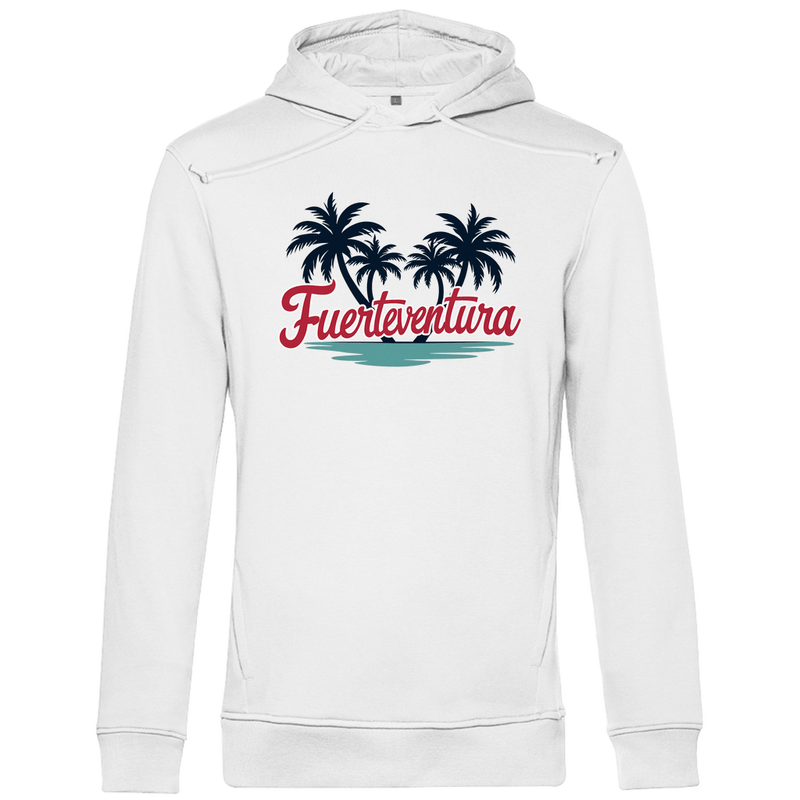 Kapuzenpulli für Herren in der Farbe White mit FUERTEVENTURA Schriftzug. Fernweh zum Anziehen mit travelPrint4U.de