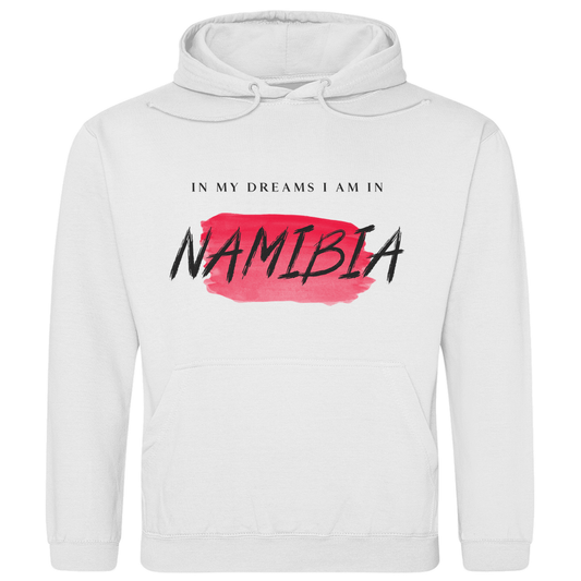 Kapuzenpulli für Herren in der Farbe White mit Print: IN MY DREAMS I AM IN NAMIBIA. Fernweh zum Anziehen? travelPrint4U.de
