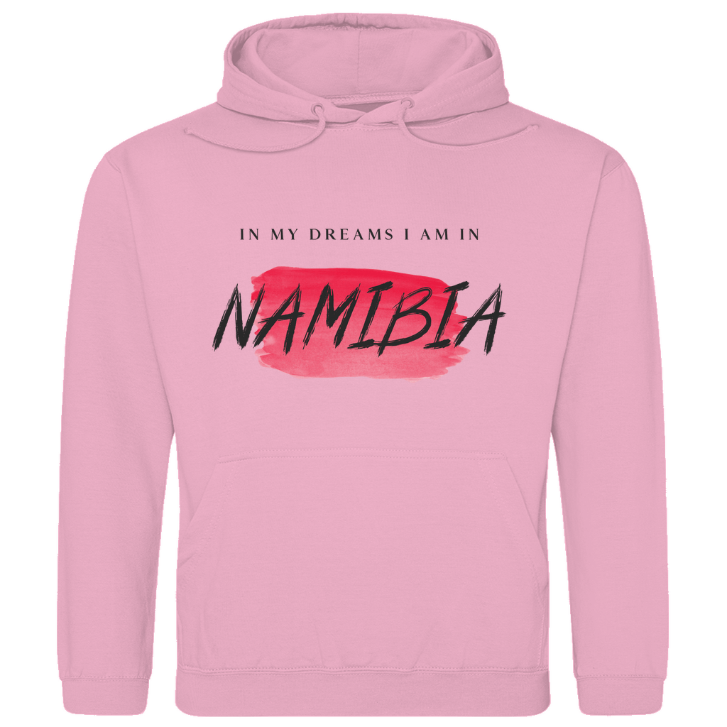 Kapuzenpulli für Herren in der Farbe Baby Pink, Print: IN MY DREAMS I AM IN NAMIBIA. Fernweh zum Anziehen? travelPrint4U.de