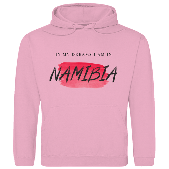 Kapuzenpulli für Herren in der Farbe Baby Pink, Print: IN MY DREAMS I AM IN NAMIBIA. Fernweh zum Anziehen? travelPrint4U.de